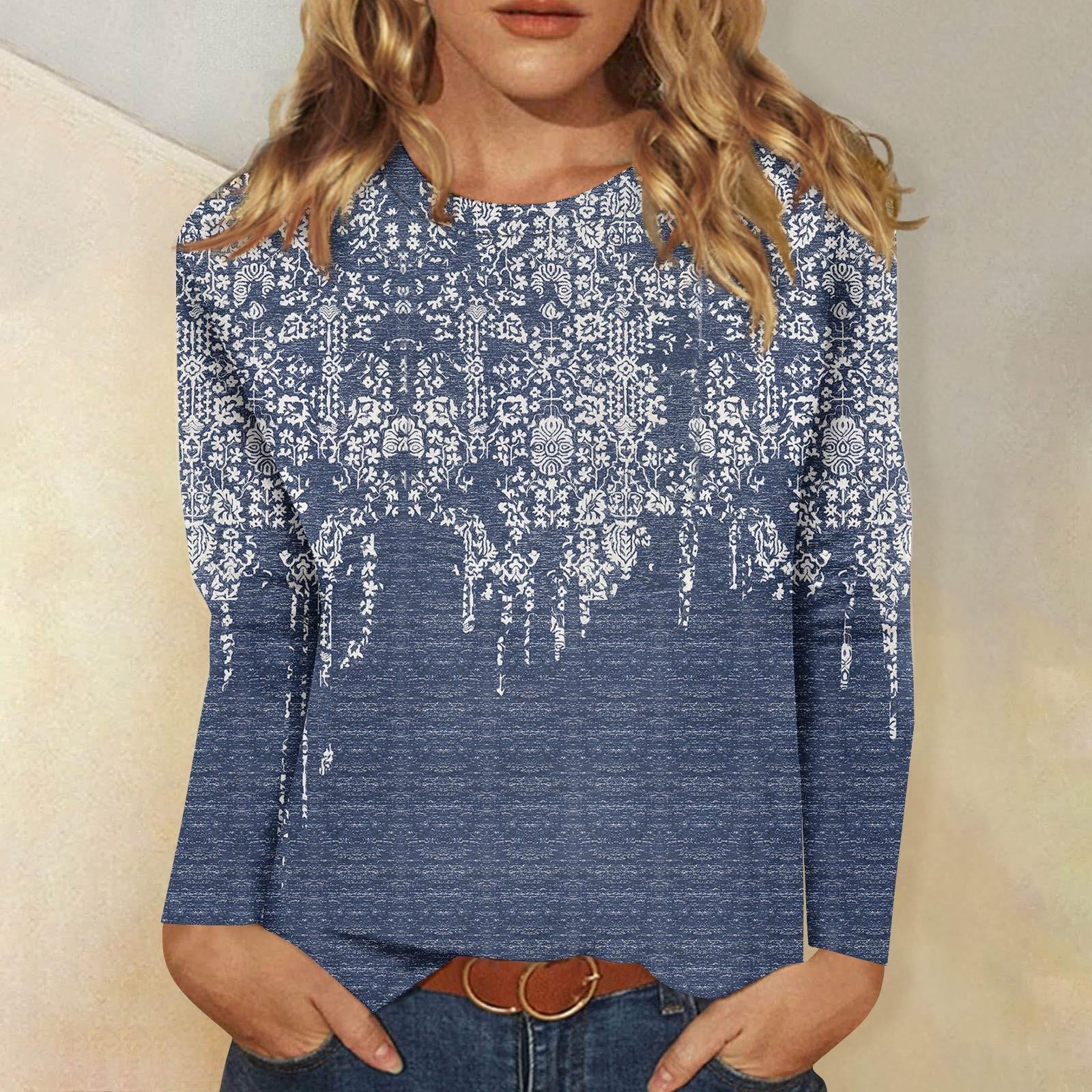 

Рубашки с длинным рукавом для женщин, милые футболки с графическим принтом, блузки, повседневные базовые топы больших размеров, пуловеры XXL тёмно-синий
