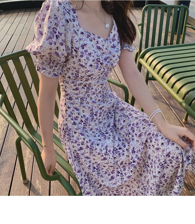 2025 French Retro Puff Sleeve Floral Chiffon Dress in Light Purple for Spring, Summer, and Autumn