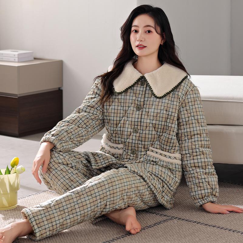 Pajamas Women's Winter Coral Fleece Three-layer Thickened Padded Jacket Winter High-end Winter Wearable Loungewear Set