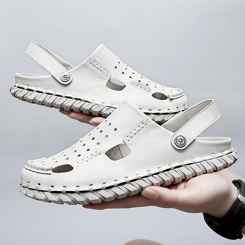 

Мужские походные сандалии бежевые кожаные закрытые серые пляжные туфли сандалии ручной работы с широким носком большого размера для отца EU:43 бежевый