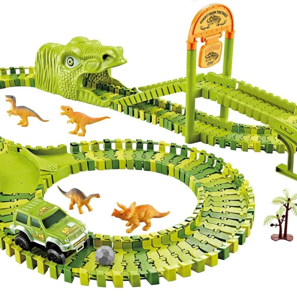 Dinosaurier-Thema Kunststoff-Rennbahn-Set Biegsame Rennstrecke mit Elektronischem Auto Lernspielzeug für Kinder