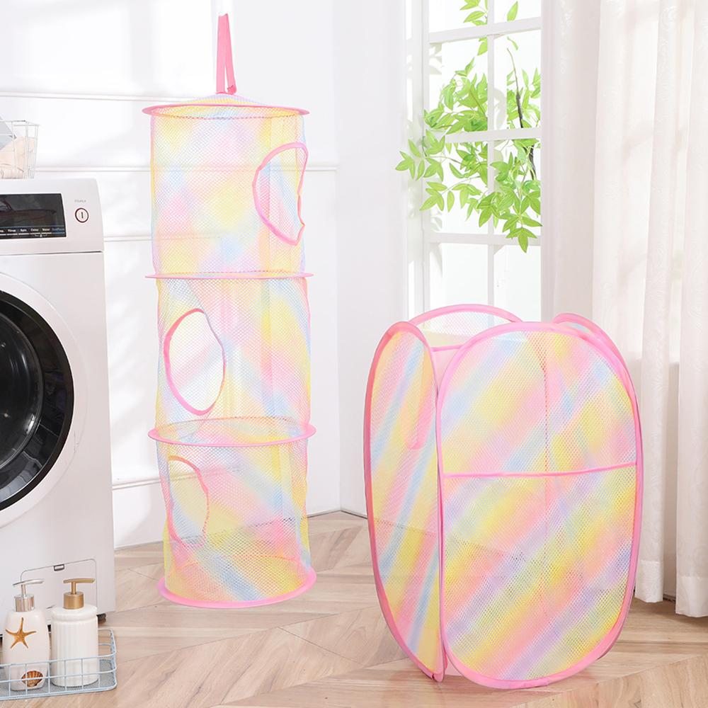 Colorful dirty clothes basket, breathable and foldable, three-layer toy hanging basket, home clothes drying net