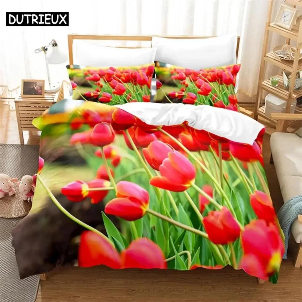Tulip Scenery Quen Beding Set For Bedrom Soft Modern Bedspreads Comefortable Children Kids Soft Duvet Cover Comfortable Quilt Cover And Pilowcase