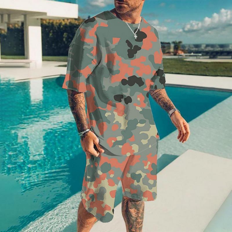 Summer Casual Breathable and Refreshing Sports Suit Oversized Men's Top Y2K Style 3D Printed Format Pattern Short Sleeve T-Shirt Man 2-Piece