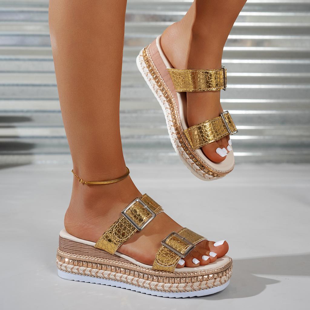Women Buckle Soft Platform Slippers Summer Sandals Outdoor Beach Gold Wedges Slippers Slides Women