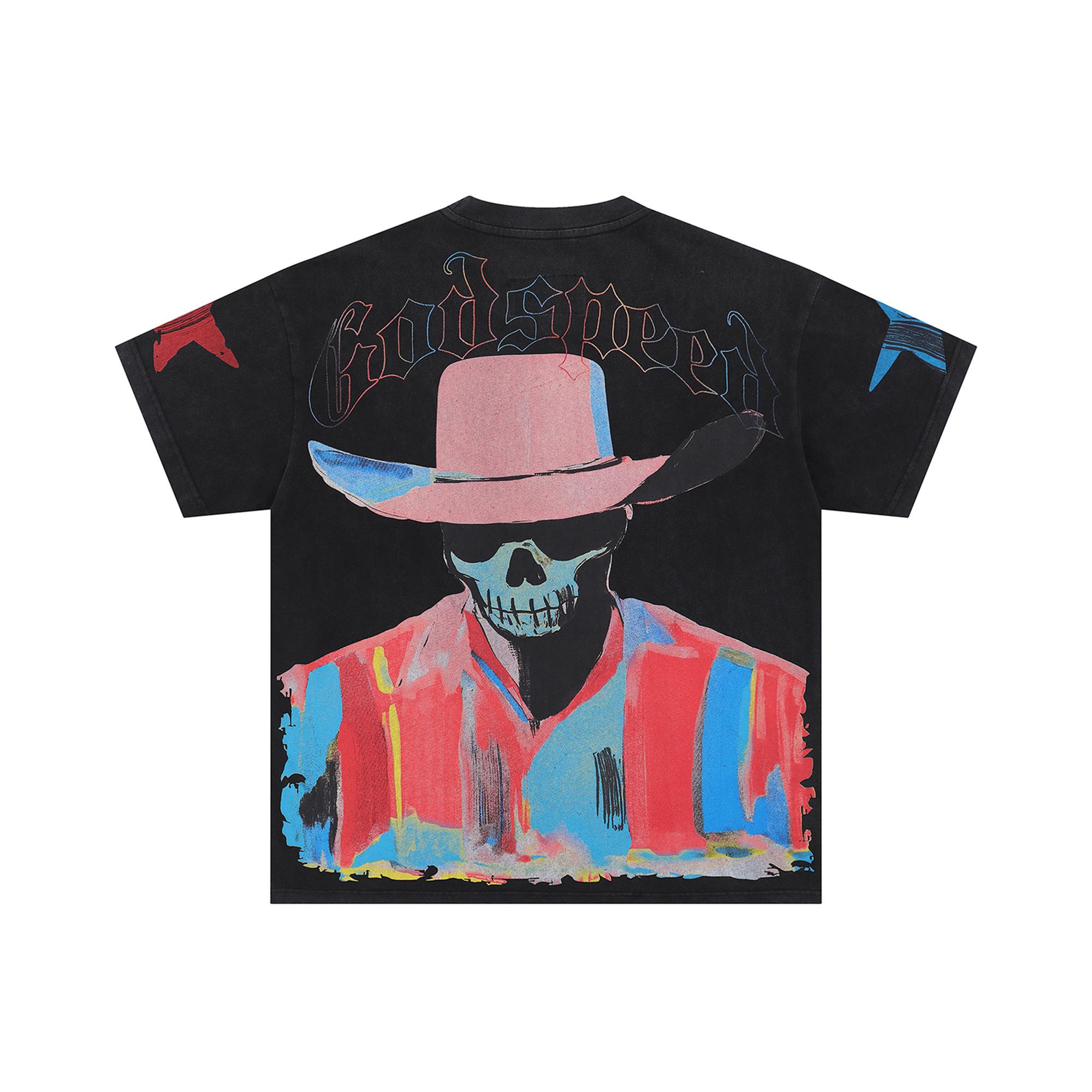 Hip Hop Graffiti Skull Cowboy Print Oversized Unisex Casual T-Shirt S