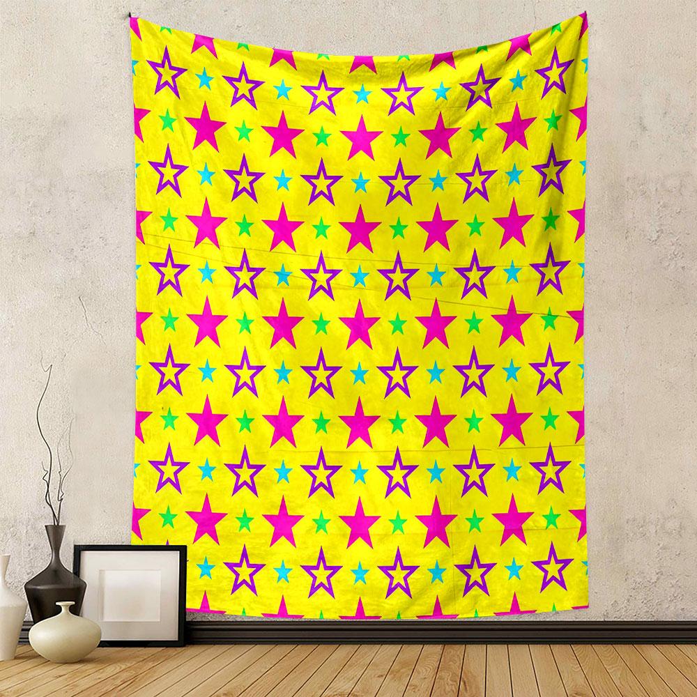Vibrant Star Pattern on Yellow Background Patterned Tapestry Decorative Wall Hanging, Home Bedroom Living Room Decor