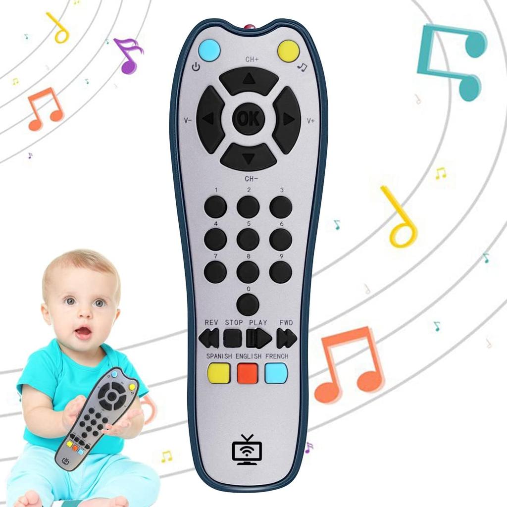 Kids Realistic TV Remote Control with Soft Light and Sound, Early Educational Learning Remote Toy with 3 Different Language, Musical Remote Toy for 6
