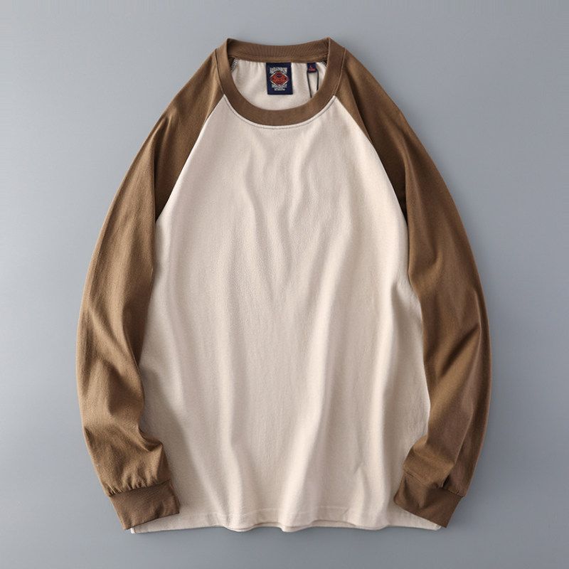 Fashion Brand Retro Raglan Contrast Color Pure Cotton Long-Sleeved T-shirt