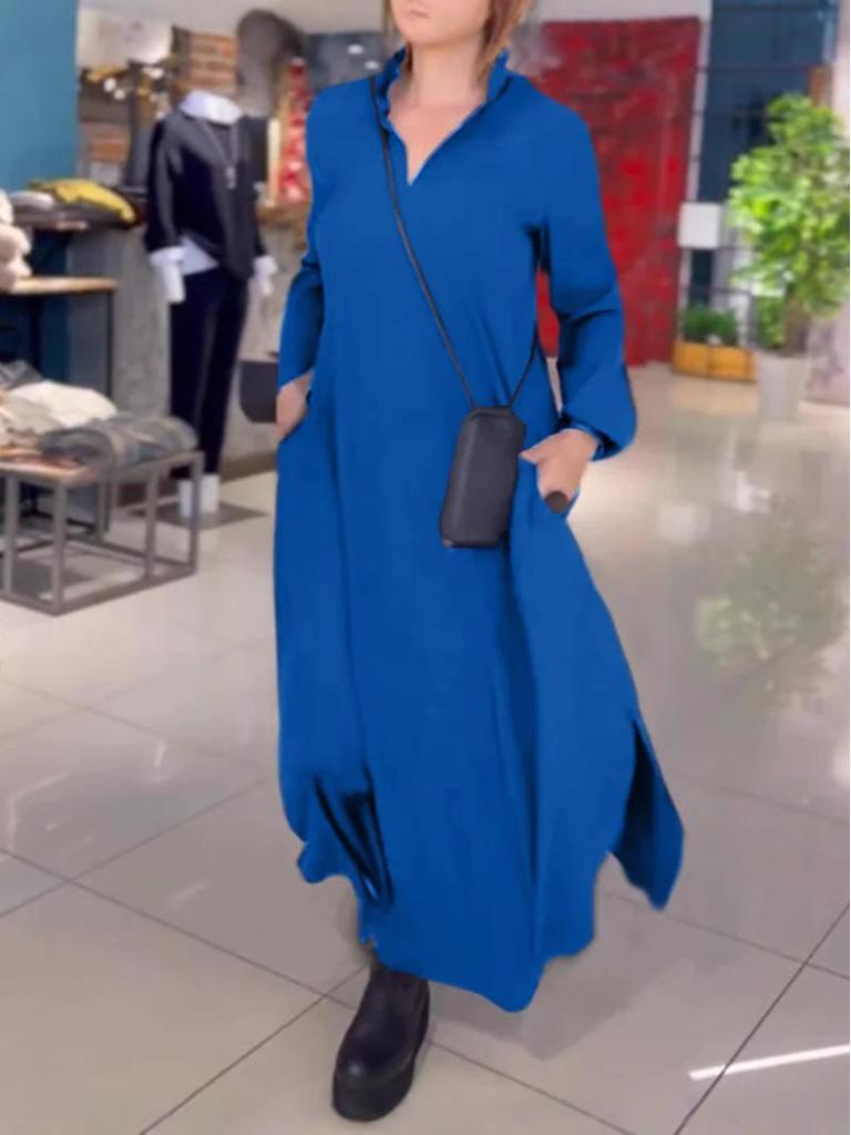 2024 European & American Autumn/Winter Casual V-Neck Long-Sleeve Solid Dress for Women