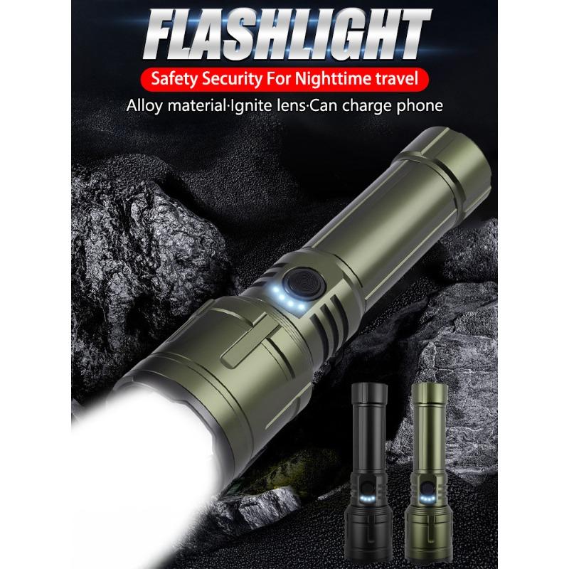 Ultra bright LED alloy flashlight with ultra-high wick illumination and rechargeable searchlight for camping emergency lighting, battery free