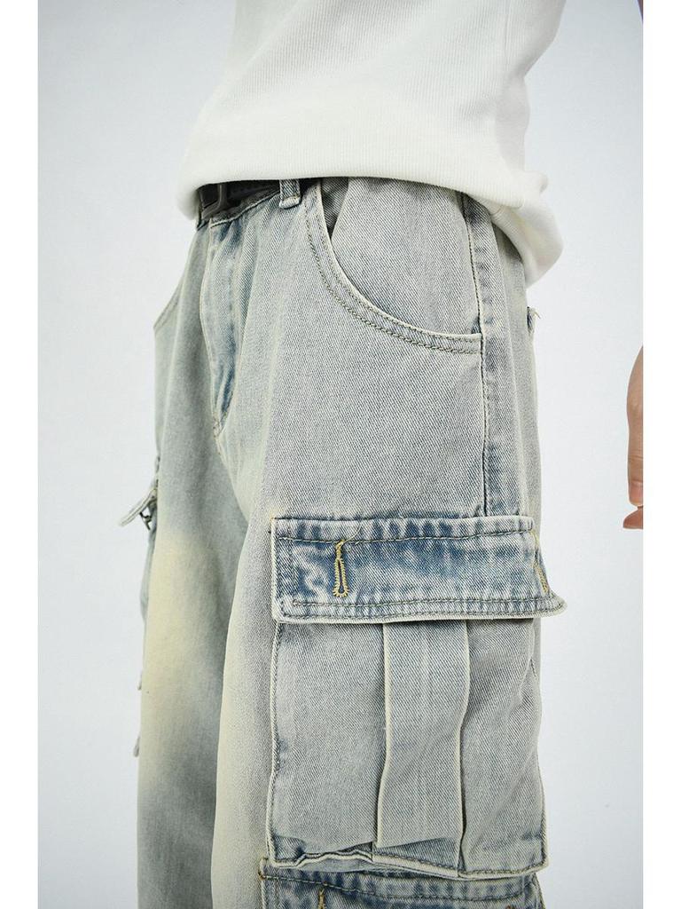 Unisex Vintage Distressed Multi-Pocket Workwear Capri Jeans