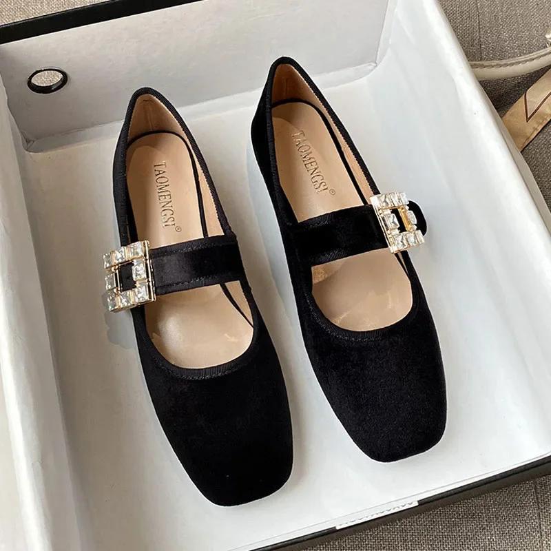 New Women Flat Shoes Girl Crystal Velvet Mary Jane Shoes Sweet Comfortable Slip-on Loafers Big Size 35-43