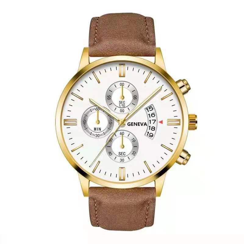 Men'S Fake Three-Eye Belt Calendar Casual Fashion Business Quartz Belt Watch