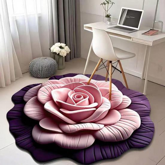 Floral Plush Rug Mat 3D Flower Optical Illusion Floor Mat Non-Slip Water-Absorbent Bath Mat for Bathroom Bedroom Living Room