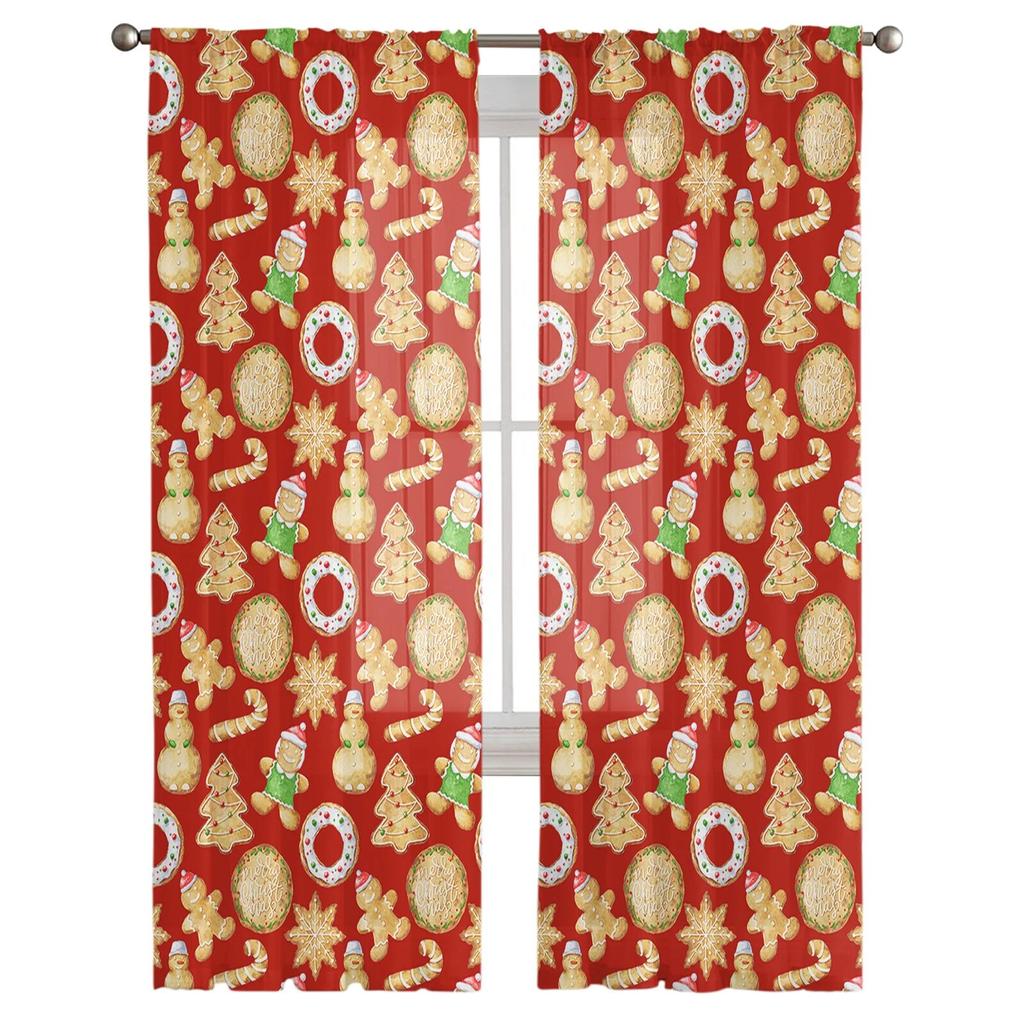 Tende in Tulle Finestra Pan di Zenzero Acquerello di Natale per Soggiorno Cucina Decorazioni Natalizie per la Casa Tende in Voile Trasparenti