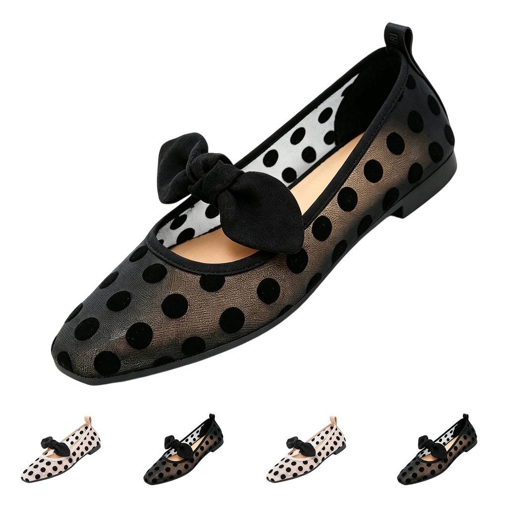 Women Mesh Mary Jane Flats with Polka Dot Pattern Square Toe Slip On Comfortable Bow Detail Vintage Style Shoes for Daily Wear