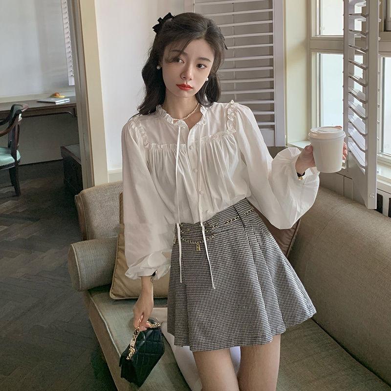 

Блузка со шнуровкой и бантом Темперамент весна-осень новая длинная однотонная плиссированная рубашка топы элегантная женская одежда Темперамент XL белый