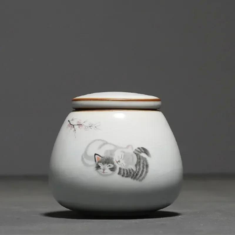 Chinese Ru Kiln Ceramics Tea Caddy Cute Cat Pattern Sealed Tea Leaf Container Travel Tea Bag Storage Box Kitchen Spice Organizer