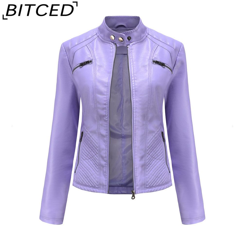 

BITCED Women s Casual Leather Jacket Stand-up Collar Slim-Fit Outerwear Spring/Autumn Solid-Colour Leather Jacket XXXL лавандовый