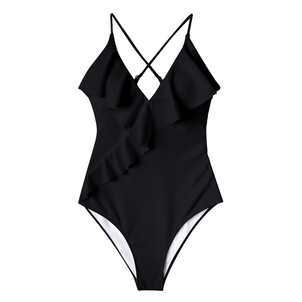 Women's One Piece Swimsuit Halter Neck Ruffle Detail Textured Fabric Stretchy Fit Beachwear Swimwear
