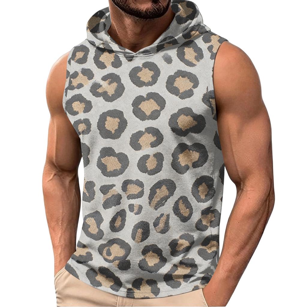Men's Sleeveless Hoodie Lightweight Casual Vest with Leopard Print Pattern Fashionable Design for Summer Outdoor Activities Gym and Daily Wear