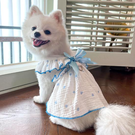 Pet Dress Love Heart Print Sleeveless Ruffle Bowknot Decor Breathable Spring Summer