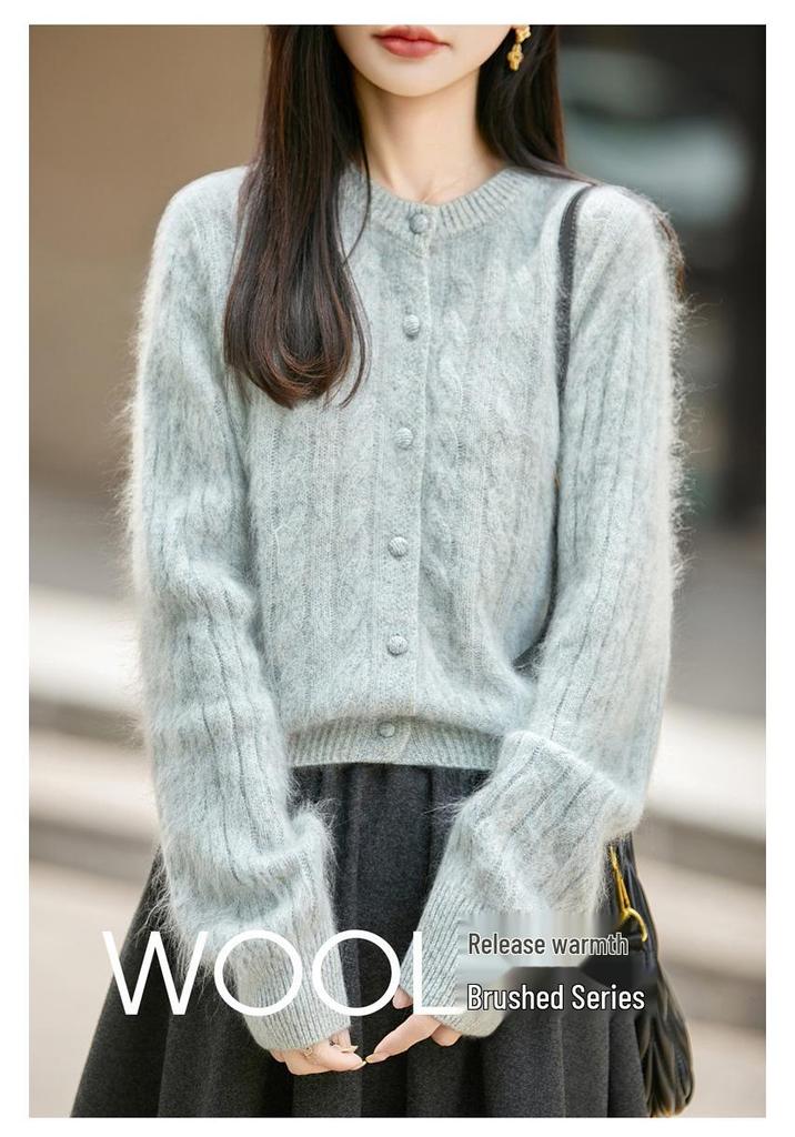 2026 Autumn/Winter Women's Cashmere Wool Cable Knit Cardigan Sweater, Round Neck, Long Sleeve, Brushed Yarn.