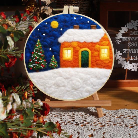Christmas Needle Felting Kit Holiday Felt Painting Set for Beginners Starter Needle Felting DIY Craft Kit with Pad Needles Wool Decorative Frame