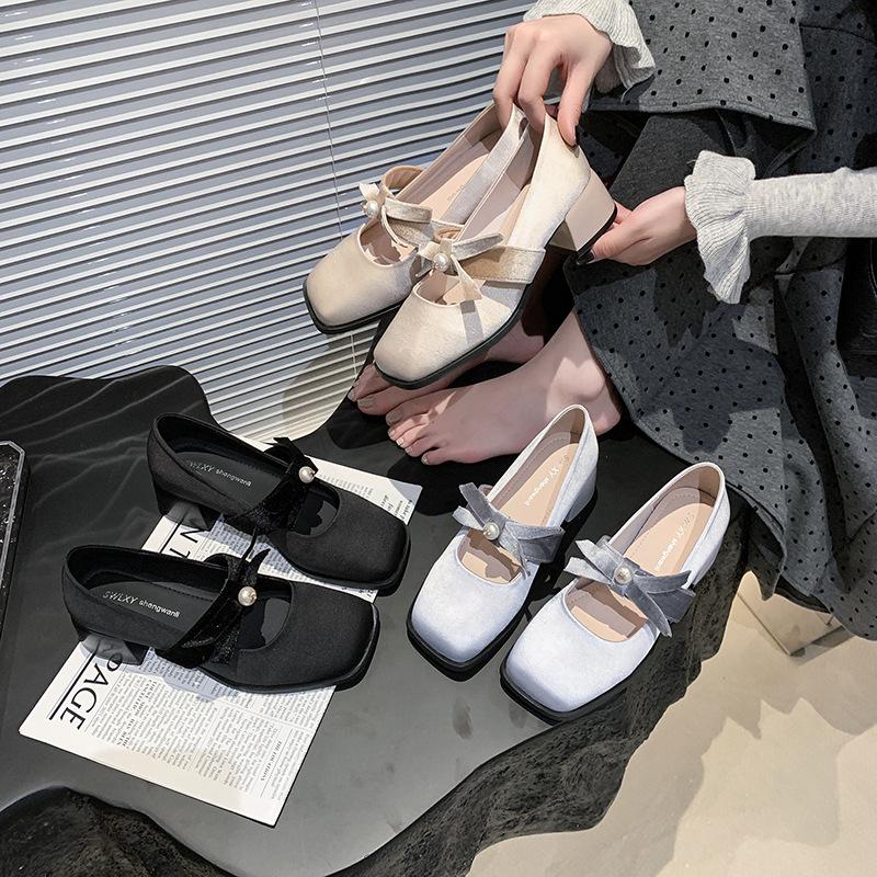Gentle Fairy Style Mary Jane Shoes 2025 Spring French Temperament Elegant Satin Bow High Heels Evening Shoes