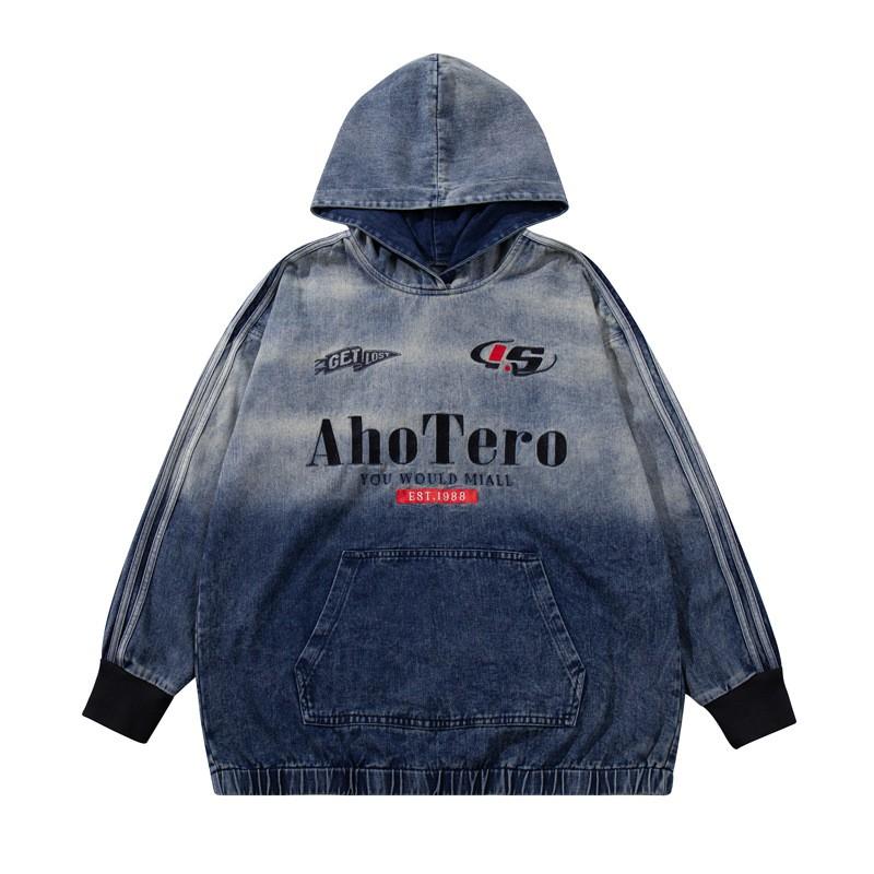 Unisex Oversized Denim Hoodie With Gradient Washed Embroidered Letters Loose Fit Streetwear Sweatshirt Fall