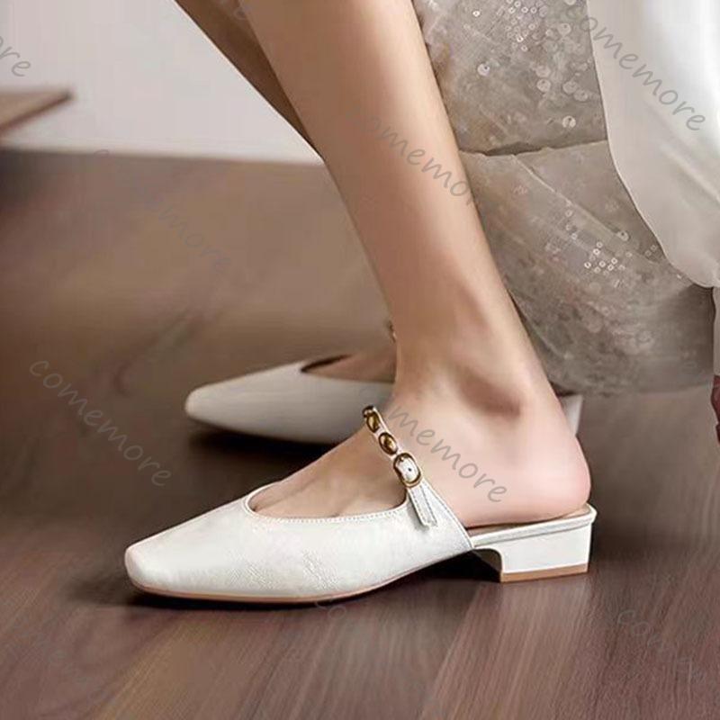 Comemore Square Head Slippers Satin Shallow Mouth Metal Buckle Slip On Women's Shoes Spring Summer Mules Baotou Half Slipper