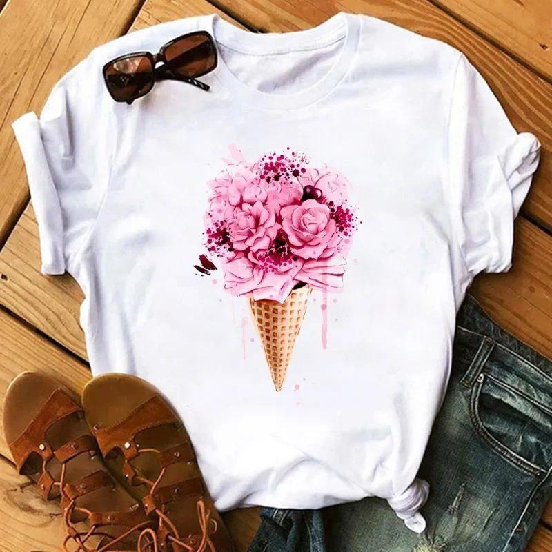 T-shirt Women Neck T-shirt Women T Shirt Love Flower Half Sleeve Cartoon White Letter Aesthetic Clothes