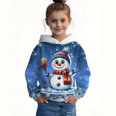 Christmas Cute Snowman Print Hooded Sweatshirt Fashion Party Long Sleeve Hoodies Girls Comfortable Pullover Children's Clothing