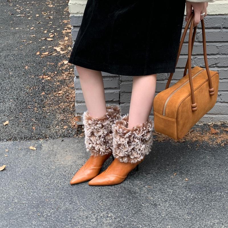 Modische Warme Plüsch-Stiefeletten Damen Sexy Spitze Dünne Hohe Moderne Stiefel Komfort Rutschfest Wadenhohe Stiefel Zapatos De Mujer