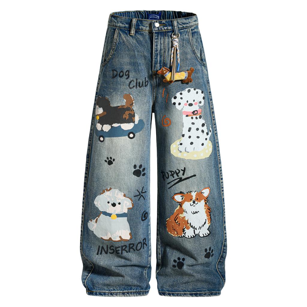 New American retro loose jeans cartoon animation personality cleanfit wide leg trousers