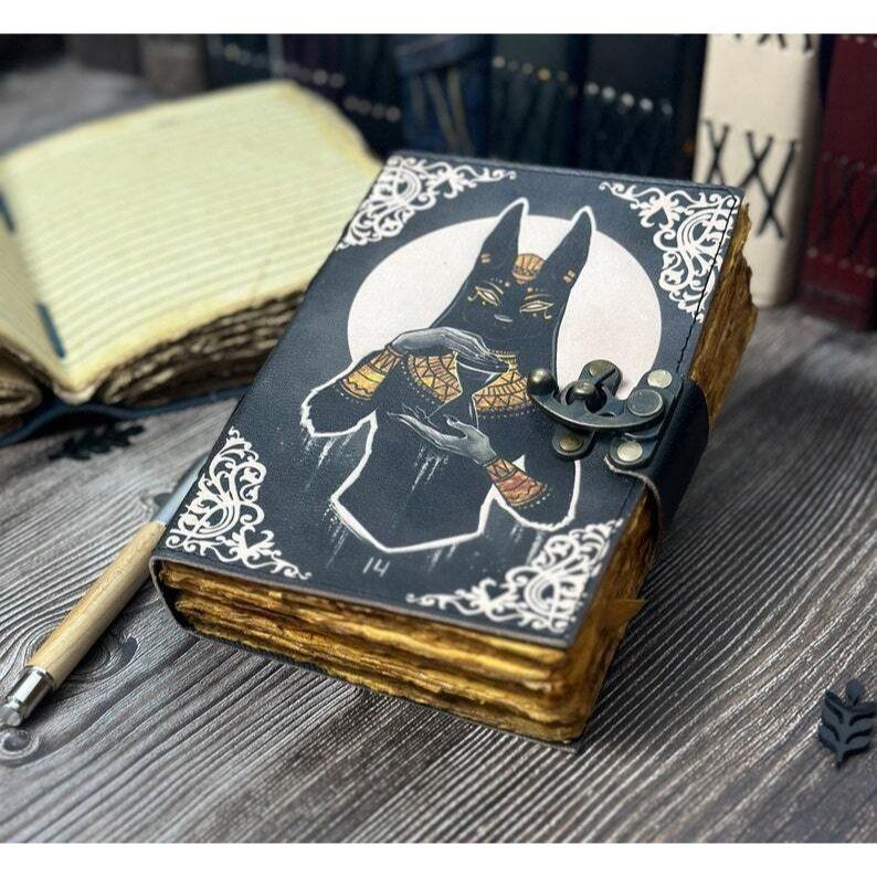 Egyptian Cat Book of Shadows Leather Journal - Leather Print Journal, Wiccan