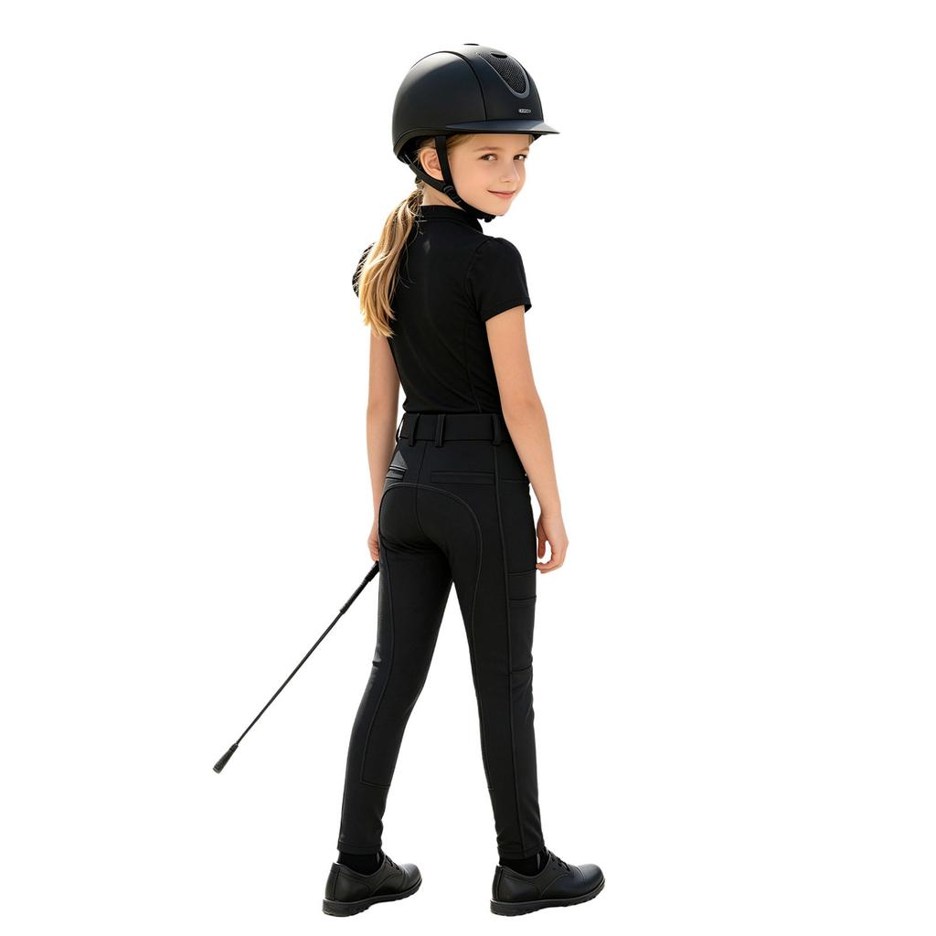 Mädchen Reitsport Reiten Reißverschluss Stehkragen Rüschenärmel Kontrastbesatz Oberteil Anti-Rutsch Vollbesatz Reithose Outfit