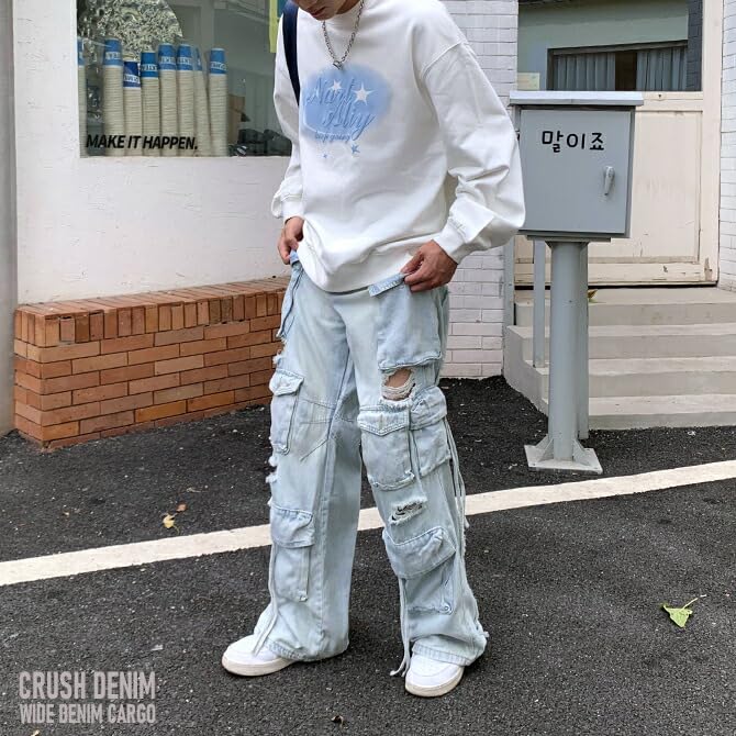 Arcade Distressed Denim Cargo Pants with Multiple Wide Loose Flared Size XL Black Men's Pockets, Leg, Fit, Denim, (LL),