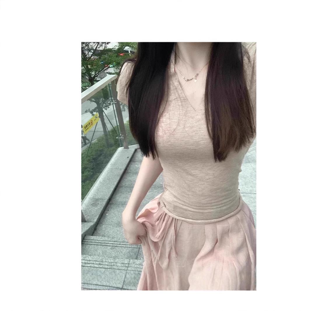 

Women s Summer Sexy V-Neck Short-Sleeve Tight Solid Color Waist-Cinching Tee Small