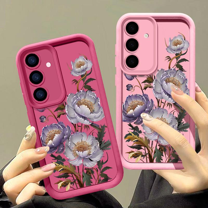 Purple Flower Pattern Shockproof Back Cover for Samsung S25 S24 S23 S22 Ultra A15 A55 A35 A34 A06 A05 A53 A54 Silicone Soft Lens Protection Matte Case
