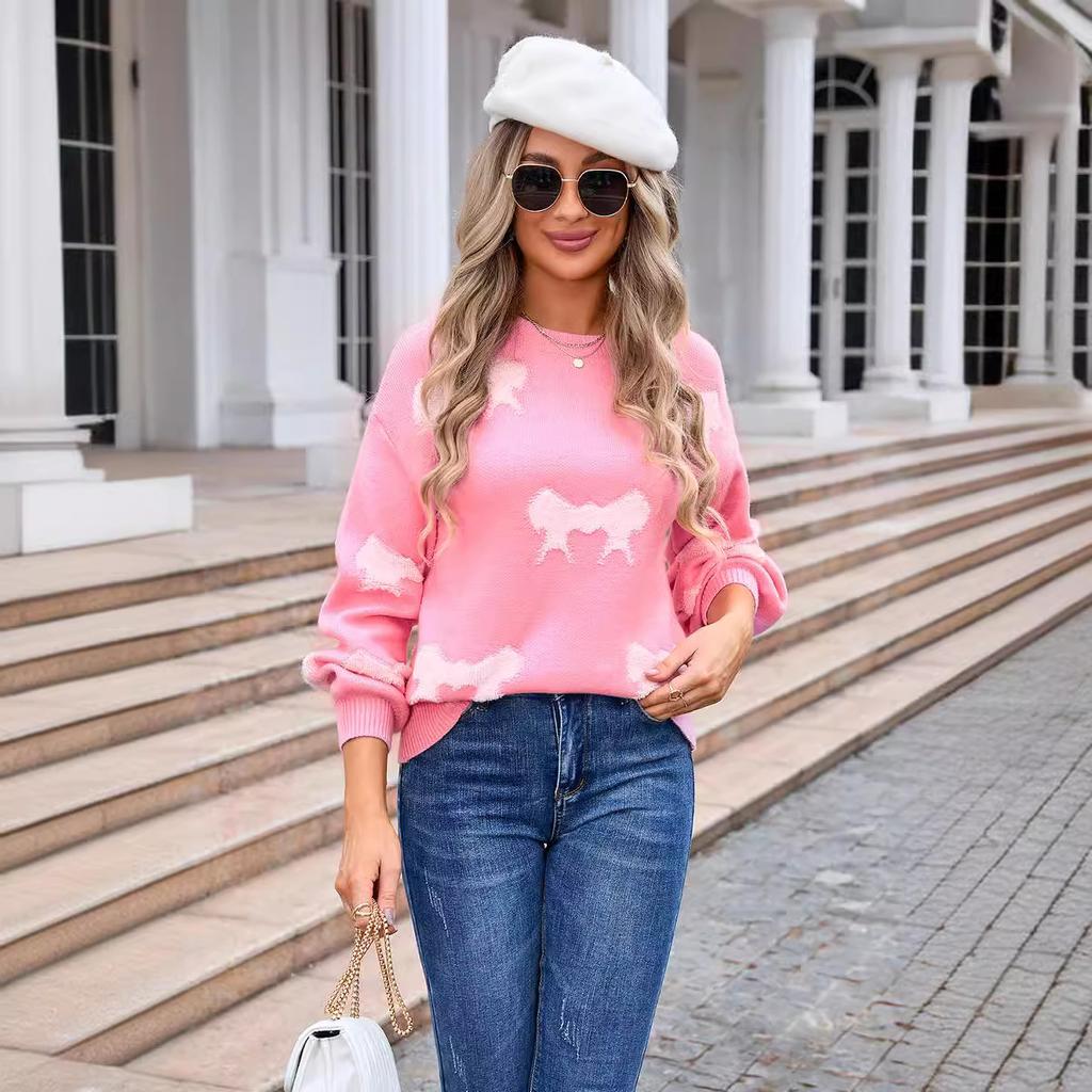 Autumn and Winter Women's Pullover Round Neck Long Sleeve Knit Bowknot Sweater
