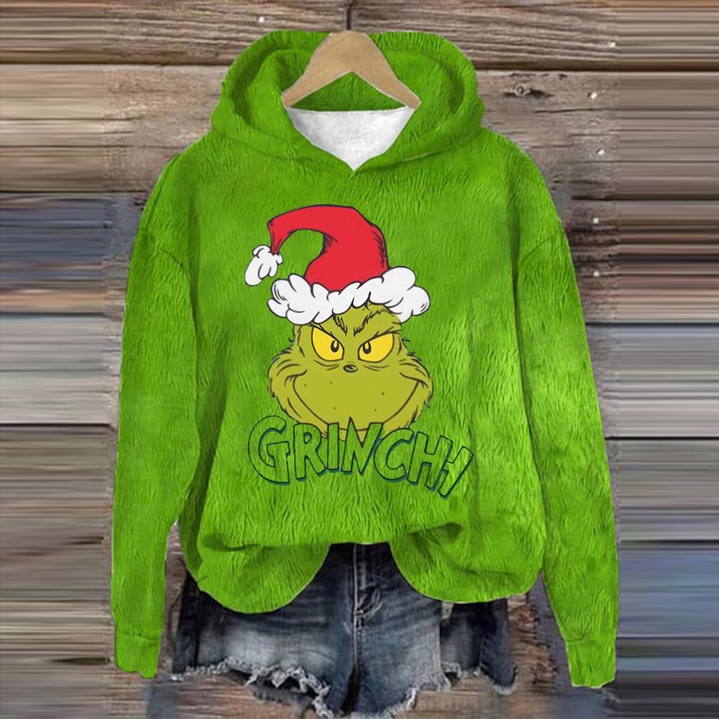 Damenmode, lässig, langärmelig, weihnachtlich bedruckt, Flanelloberteil mit Kapuze