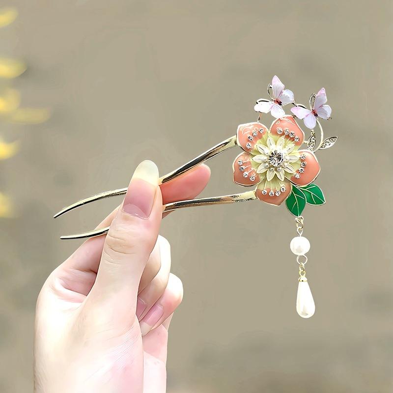Antique Butterfly Flower Bamboo U-shaped Hairpin Super Fairy Retro Pearl Fringed Hairpin Hanfu Ancient Hairpin Accessories