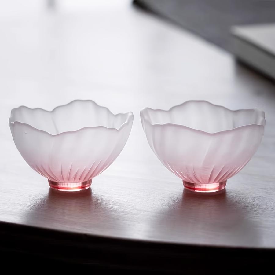 4pcs 40ml 1.35oz Japanese Gradient Pink Frosted Glass Tea Cups,Cute Pink Cherry Blossom Heat Resistant Tea Cup for Home, Office, Gift for Mother