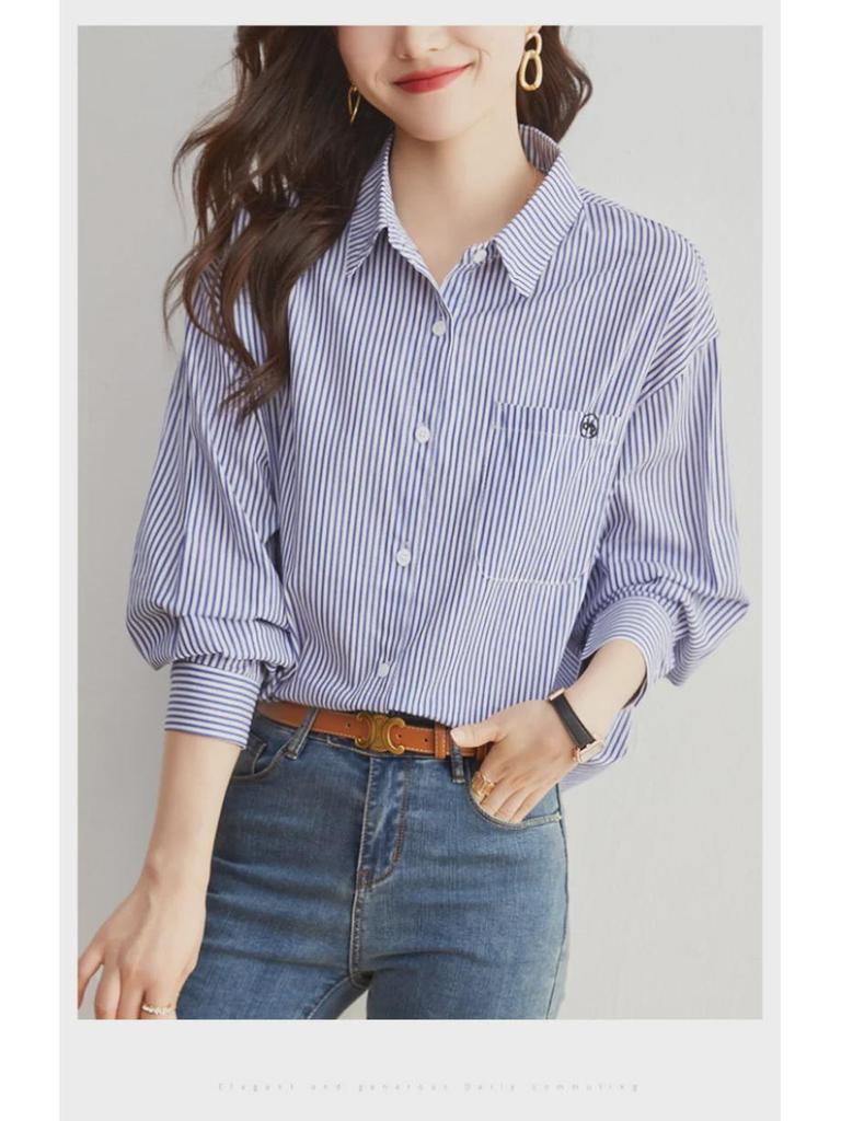 Damblårandig långärmad bomullsskjorta - Vår/Höst 2025 Enkel pendlarstil