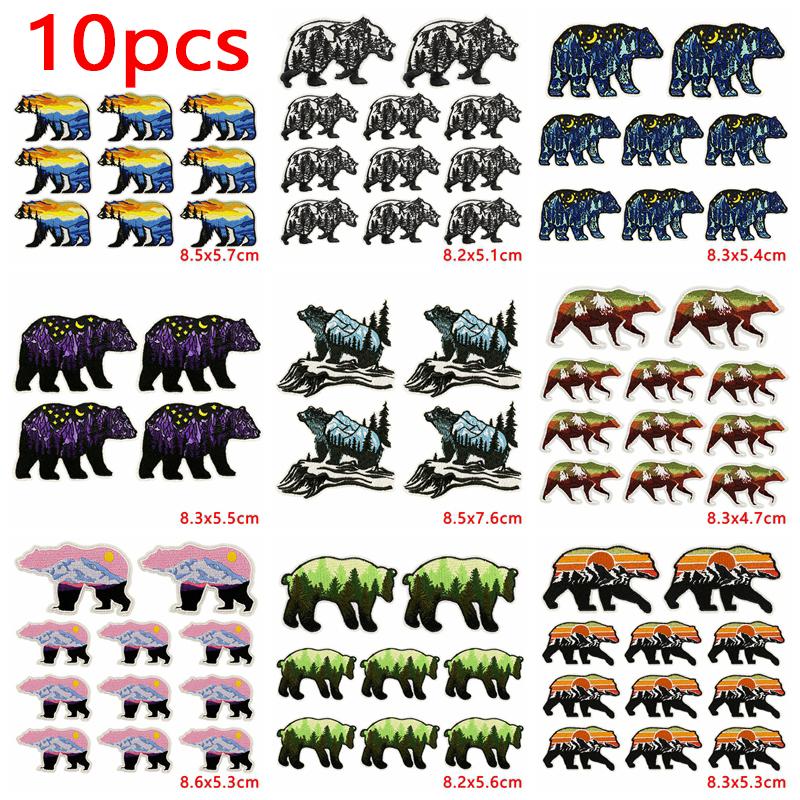 10uds Venta al por mayor Parches Bordados de Osos Animales de Dibujos Animados Paisajes Naturales Parches Termoadhesivos DIY Sombreros Chaquetas Insignia para Coser Decoración