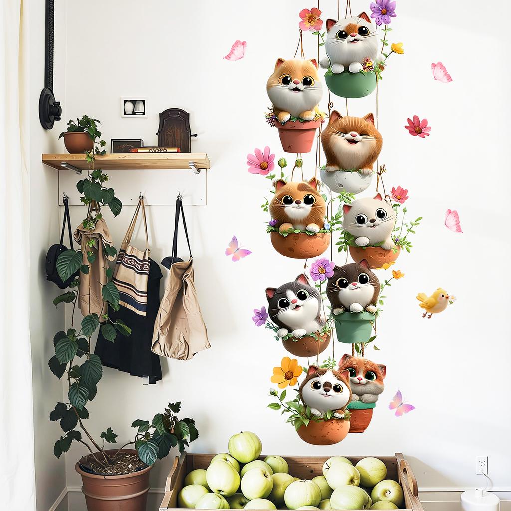 Hanging Cat In Flower Pot Wall Sticker Cute Colorful Cat Floral Butterfly Self-Adhesive Waterproof Bedroom Living Room Home Decor
