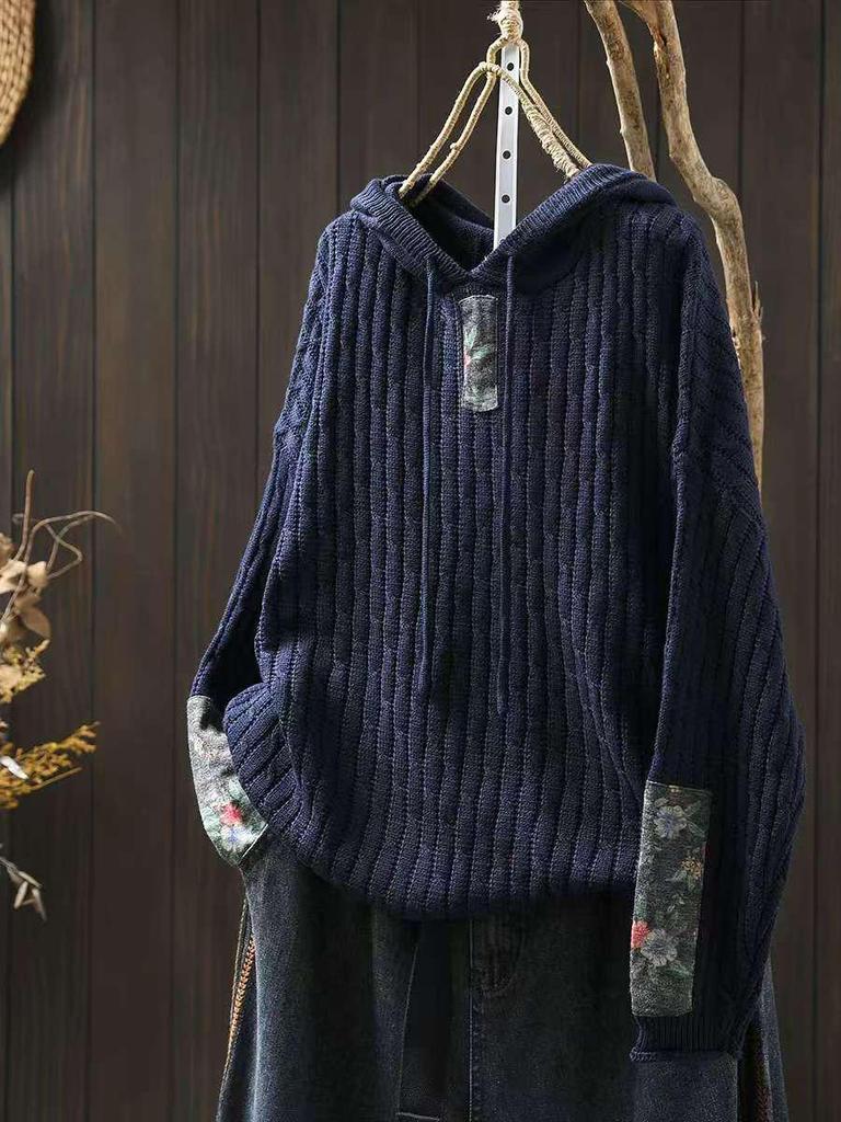 Bojiafan Ethnic Style Appliquéd Cotton Drawstring Hoodie - Women's Loose Plus Size Retro Knit Sweater