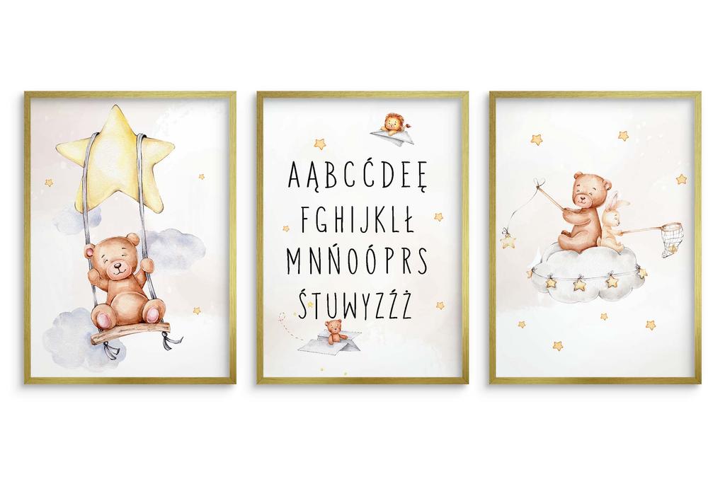Zestaw Plakatów dla dziecka Alfabet Literki Miś Dziecięce Obrazy beż 30x40